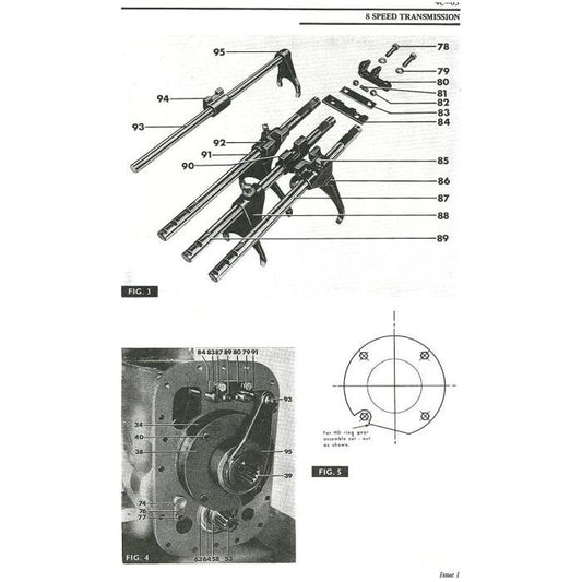 Diagram depicting components of an 8-speed transmission with labeled parts, featured in the Massey Ferguson - 188 Workshop Manual - 1856001M1 by AGCO, along with a mechanical illustration of a gear lever and a gear shifting mechanism as shown in Figures 3 and 5.