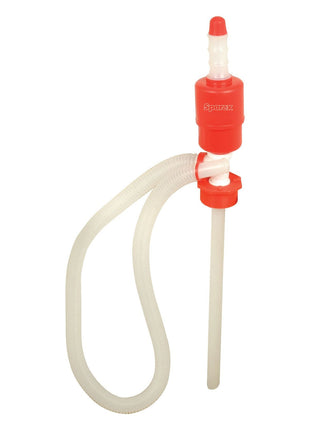 The Sparex Plastic Syphon Pump 205L (Sparex Part No. S.18916) is a red and white manual pump with a flexible hose, ideal for transferring petrol or distilled water.