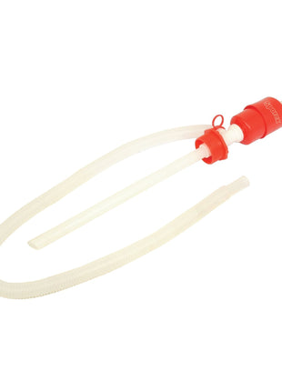 The Sparex Plastic Syphon Pump 205L (Part No. S.18916) features a red pump head, clear flexible tubing, and a rigid white intake tube, making it ideal for efficiently transferring distilled water.