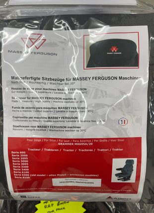 Packaged AGCO Massey Ferguson - Seat Cover - 3931564M1 with multiple language descriptions displayed. The MSG95A/20 logo and Grammer seat images are visible on the packaging.