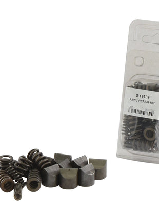 A Slip Clutch Pawl Repair Kit with various small metal springs and parts is displayed beside its packaging labeled "PAWL REPAIR KIT, Sparex Part No.S.19339." The Sparex kit ensures you have everything needed for efficient repairs.