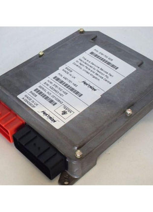 The Massey Ferguson - Autotronic Conversion Kit (Product Code: 3791700M6) from AGCO is a rectangular electronic control unit often found among Massey Ferguson tractor parts. This metallic box prominently features labels and connectors, including a distinctive red and black connector on one side.