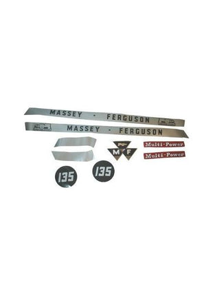 The Massey Ferguson - 135 Decal Kit (Product Number: 3406972M91) by AGCO includes an assortment of decals such as the "Massey Ferguson" nameplates, "MF" logo, "Multi-Power" text, and "135" numeral stickers.