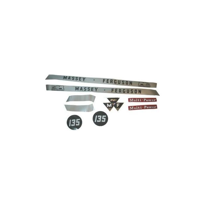 The Massey Ferguson - 135 Decal Kit (Product Number: 3406972M91) by AGCO includes an assortment of decals such as the "Massey Ferguson" nameplates, "MF" logo, "Multi-Power" text, and "135" numeral stickers.