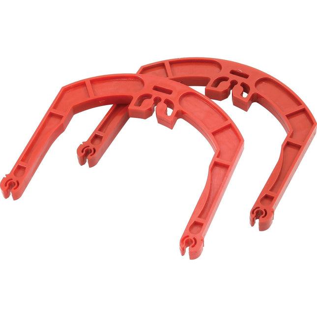 Two red plastic tools with a curved design and small hooks at one end, designed for use with the 1 Pair of Replacement Gardloc C CLIPS (Small) | Sparex Part No. S.119981 for person lifting purposes, manufactured by Sparex.