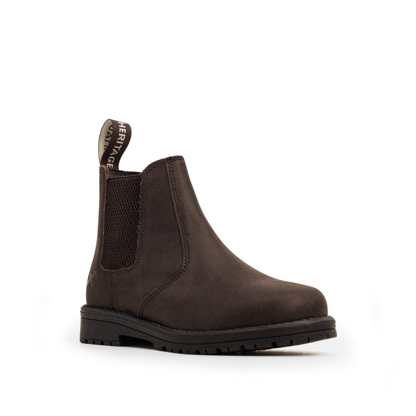 Introducing the Xpert Heritage Wrangler Junior Dealer Boot Dark Brown by Cottonmount, featuring a cushioned footbed, elastic side panels, and a pull-tab for easy wear.