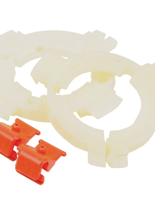 Two translucent white plastic rings and two small orange plastic clips, resembling components from the EASYLOCK B/RINGS WEASLER 2480 by Sparex (Sparex Part No.S.20234), are arranged on a white background.