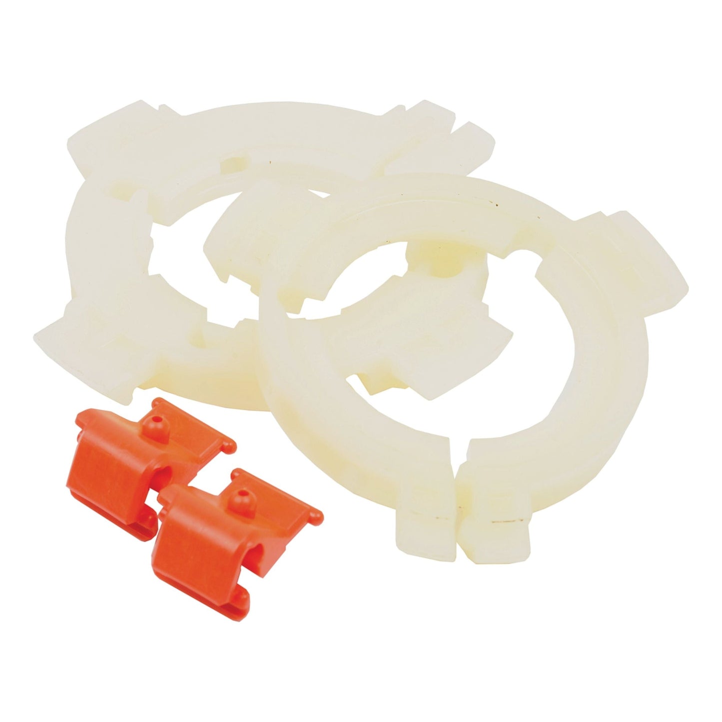 Two translucent white plastic rings and two small orange plastic clips, resembling components from the EASYLOCK B/RINGS WEASLER 2480 by Sparex (Sparex Part No.S.20234), are arranged on a white background.