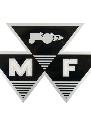 The Decal - Massey Ferguson Triple Triangle by Sparex (Part No.S.2089) features a black and white design. It includes a triple triangle motif where the top triangle showcases a stylized tractor, and the bottom two triangles prominently display "M" and "F," symbolizing Massey Ferguson.