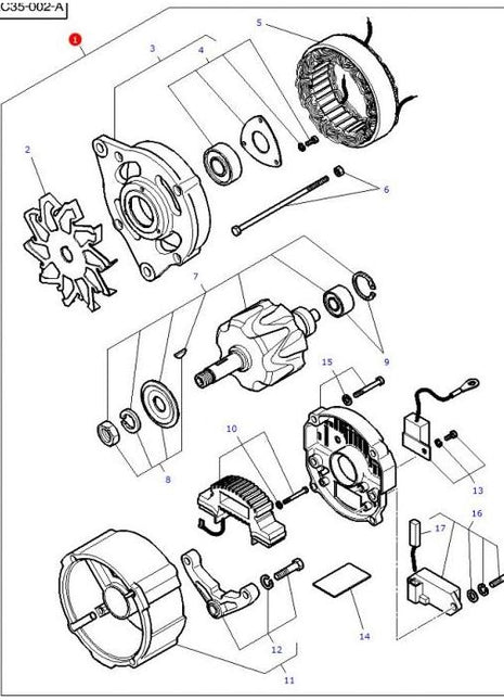 Exploded view diagram showing the various components of an AGCO Massey Ferguson - Alternator 80amp - 3823653M1, including the rotor, stator, bearings, housing, and other internal parts with numbered labels for each component.