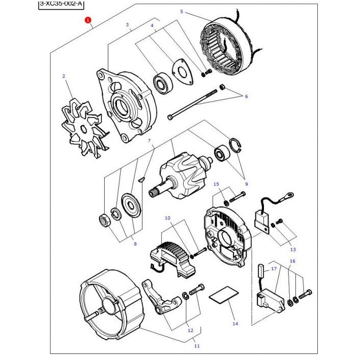 Exploded view diagram showing the various components of an AGCO Massey Ferguson - Alternator 80amp - 3823653M1, including the rotor, stator, bearings, housing, and other internal parts with numbered labels for each component.