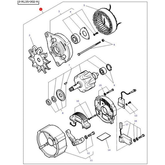 Exploded view diagram showing the various components of an AGCO Massey Ferguson - Alternator 80amp - 3823653M1, including the rotor, stator, bearings, housing, and other internal parts with numbered labels for each component.