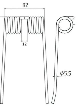 Technical drawing of a Sparex Pick-Up Tine, including its specifications. The Pick-Up Tine has a coiled section measuring 92mm wide and 12mm tall, with a total length of 197mm. The right side view shows the coil with an outer diameter of 5.5mm. This replacement part is compatible with Hesston, Massey Ferguson, and New Holland models under the reference number 700706128 (Sparex Part No.S.22953).