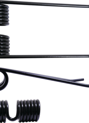 Close-up image of three Pick-Up Tine springs, showcasing different orientations: side view, top view, and end view. All feature tightly coiled loops and extending arms. These Sparex springs are replacement parts for Hesston, Massey Ferguson, New Holland models with a 38mm outer diameter and a 197mm length each.