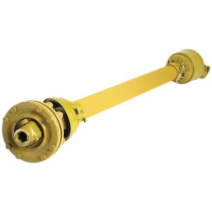 A yellow PTO shaft with flanges on both ends, measuring 930mm in length, featuring a 1 3/8'' x 6 Spline Q.R. to 1 3/8'' x 6 Spline Friction Disc Clutch for transmitting mechanical power, designed for the Italian Series and has a specific clutch setting in Nm; Product Name: PTO Shaft - S.23204 by Sparex.