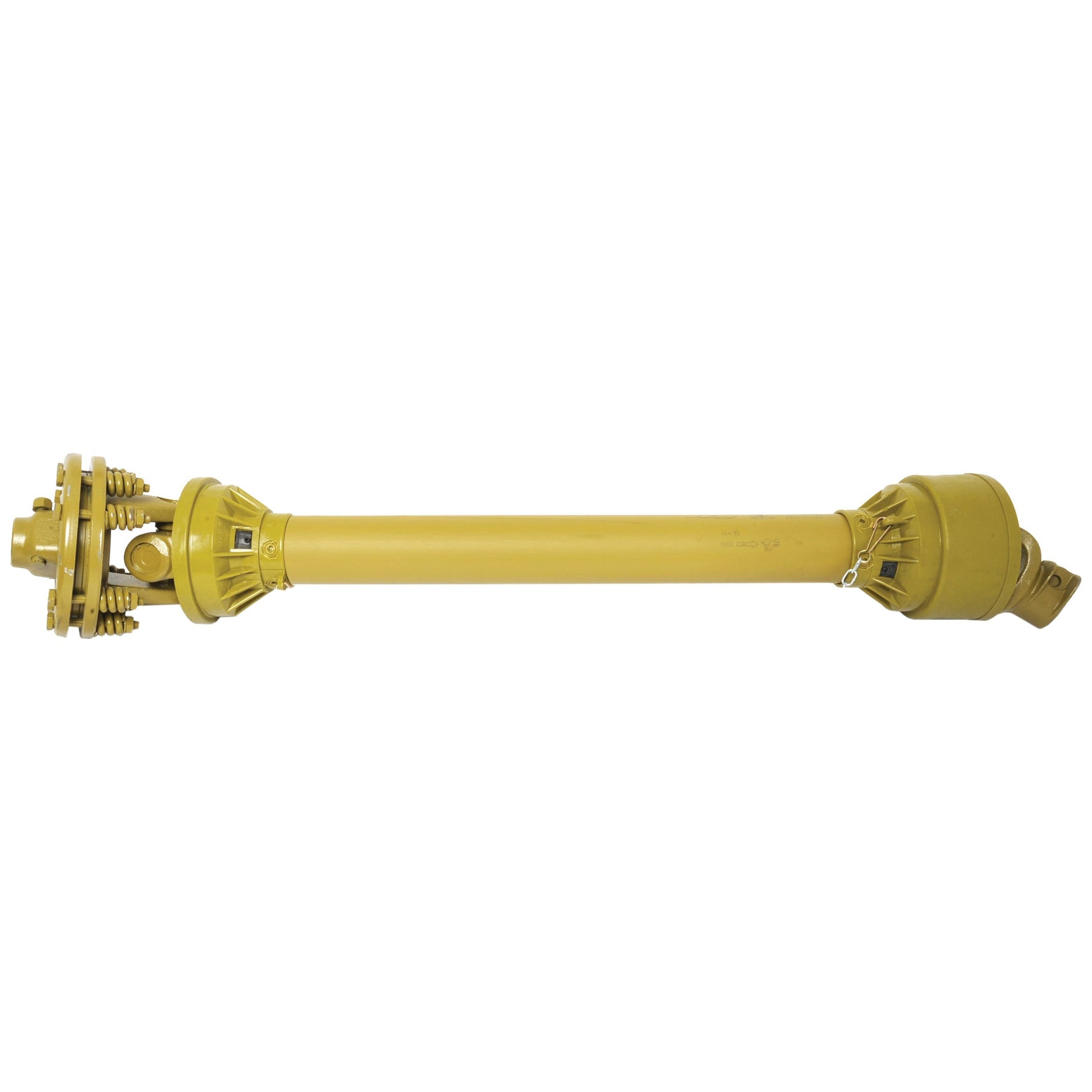 A Sparex PTO Shaft (model S.23204) featuring a length of 930mm, a 1 3/8'' x 6 spline quick release at one end, and a 1 3/8'' x 6 spline friction disc clutch at the other, colored yellow and designed with mechanical flanges and joints on both ends, likely intended for integration into larger machinery or vehicle systems from the Italian Series.