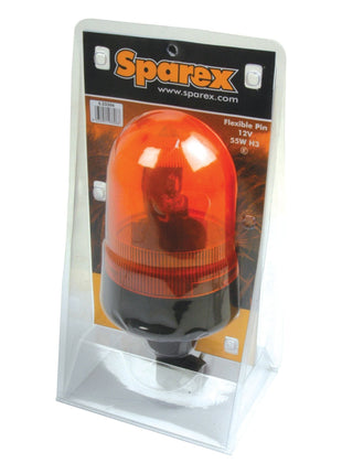 Package of a Sparex Rotating Halogen Beacon with a flexible pin, 12V - S.23306, featuring a 55W H3 bulb and rotating function. Displayed in transparent plastic packaging with branding, specifications on the label, and an IP65 rating for durability.