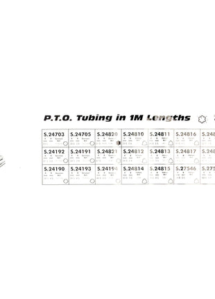 Chart listing different lengths and specifications of P.T.O. tubing in 1-meter lengths, with several sample tubes displayed to the left on a DISPLAY STAND HEADER-PTO SHAFT (Sparex Part No. S.23399), all suitable for various applications, courtesy of Sparex.