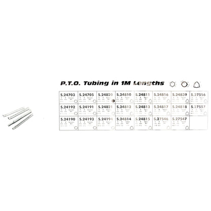 Chart listing different lengths and specifications of P.T.O. tubing in 1-meter lengths, with several sample tubes displayed to the left on a DISPLAY STAND HEADER-PTO SHAFT (Sparex Part No. S.23399), all suitable for various applications, courtesy of Sparex.