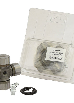 A universal joint and its components are displayed alongside their Agripak packaging. The packaging label reads "Sparex Part No. S.23503, Universal Joint - 23.8 x 61.2mm (Standard Duty).