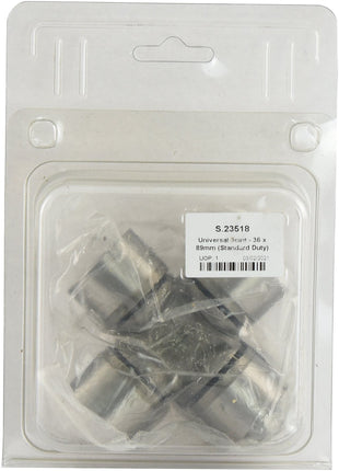 A clear plastic package containing several metallic cylindrical components, labeled "Universal Joint - 36 x 89mm (Standard Duty) (Agripak 1 pc.) | Sparex Part No. S.23518".