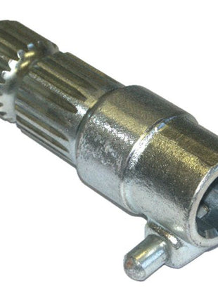 A close-up view of the Sparex PTO Adaptor - Female spline 1 3/8'' - 6 x Male spline 1 3/4'' - 20 with Quick Release Pin (S.23746), showcasing its cylindrical shape and splines, with the Quick Release Pin visible on one side.