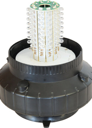 The LED Rechargeable Beacon (Amber) by Sparex NLA, featuring a magnetic large black base, integrates multiple electronic components and a circuit board. It boasts an array of vertically arranged LED lights on a central tower and offers robust durability with Class 3 interference resistance, operating at 12-24V under product code S.23830.