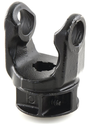 The Sparex PTO Yoke - Quick Release (U/J Size: 30.2 x 79.4mm) with a 1 3/8''-6 Spline, identified by Sparex Part No.S.24210, is a black metal yoke featuring cylindrical holes and a hexagonal opening at the base, designed for mechanical or automotive use akin to those in the Bondioli & Pavesi PTO Series.