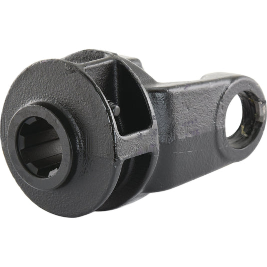 Close-up of a metallic, industrial machine part—specifically the PTO Yoke - Quick Release (U/J Size: 30.2 x 79.4mm) from Sparex—with a cylindrical end and a hole in the other end. The part appears dark grey with a textured surface, showcasing Sparex's robust manufacturing.