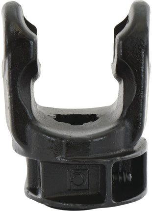 Close-up of the PTO Yoke - Quick Release, a black metal universal joint yoke from Sparex. This yoke, adhering to PTO Series specifications, has a U-shape with a square-shaped opening at the base and fits rotating shafts with dimensions of 34.9 x 93.5mm (U/J size) and a 1 3/8''-6 spline. Identified by Sparex Part No.S.24216.