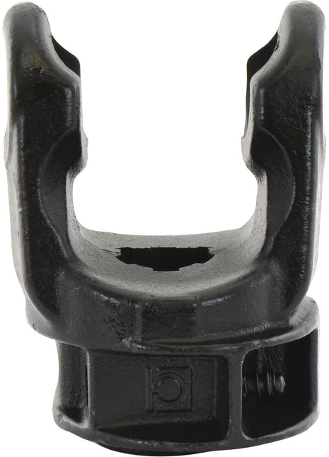 Close-up of the PTO Yoke - Quick Release, a black metal universal joint yoke from Sparex. This yoke, adhering to PTO Series specifications, has a U-shape with a square-shaped opening at the base and fits rotating shafts with dimensions of 34.9 x 93.5mm (U/J size) and a 1 3/8''-6 spline. Identified by Sparex Part No.S.24216.