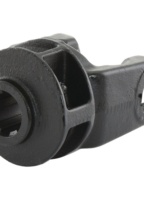 Close-up of the Sparex PTO Yoke - Quick Release (U/J Size: 34.9 x 93.5mm), a black mechanical part with a cylindrical shape, featuring a hole on one side and a notched opening on the opposite end—ideal for those familiar with Bondioli & Pavesi components and SFT S8 specifications. For reference, this part is identified by Sparex Part No.S.24216 and fits a 1 3/8''-6 spline size.