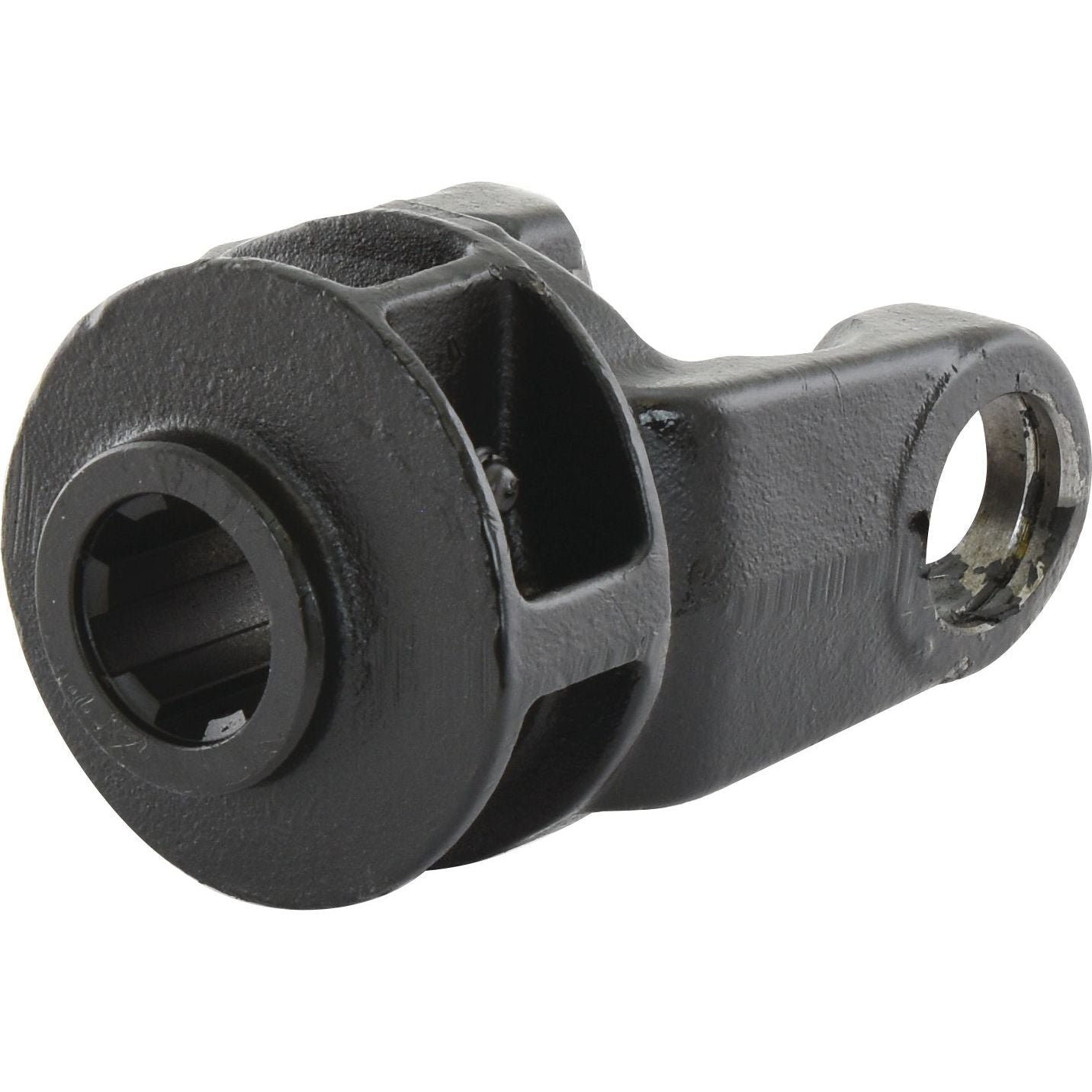 Close-up of the Sparex PTO Yoke - Quick Release (U/J Size: 34.9 x 93.5mm), a black mechanical part with a cylindrical shape, featuring a hole on one side and a notched opening on the opposite end—ideal for those familiar with Bondioli & Pavesi components and SFT S8 specifications. For reference, this part is identified by Sparex Part No.S.24216 and fits a 1 3/8''-6 spline size.