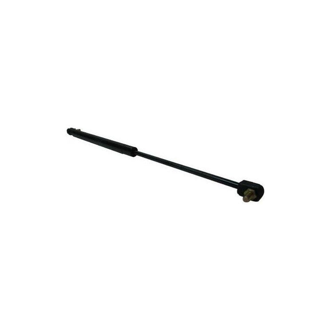 Image of a black AGCO gas strut with a cylindrical body, an attached rod, and mounting brackets on each end, perfect for Massey Ferguson machinery (Door Strut - 3904695M1).