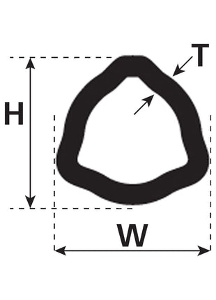 Diagram of a triangular seal with dimension labels: height (H), width (W), and thickness (T). The seal exhibits curved sides, resembling the Sparex PTO Tube - Triangle Profile (12503) - S.24810, 1 meter in length.