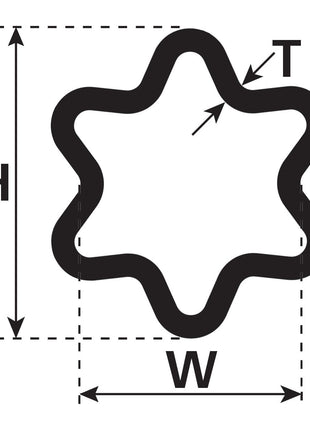 Illustration of the "PTO Tube - Star Profile, Length: 1M (S4) - S.24820" by Sparex, labeled with height (H), width (W), and thickness (T) dimensions, with arrows indicating each measurement. The diagram resembles a star tube, showing precise spatial specifications.