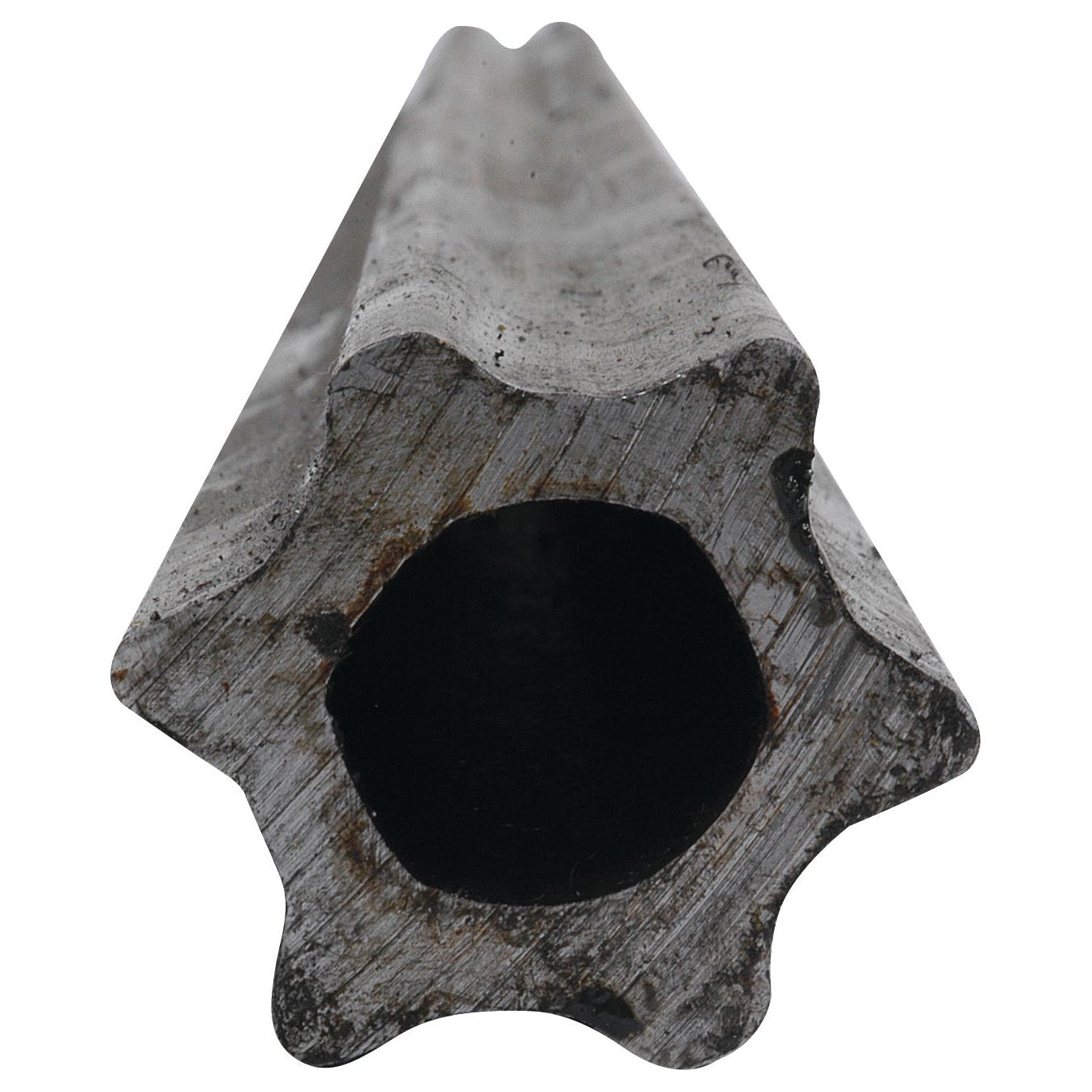 Close-up view of a roughly worn Sparex PTO Tube - Star Profile, Length: 1M (S4) - S.24820, showcasing its hollow, star-shaped metal cylinder with a dark central opening.