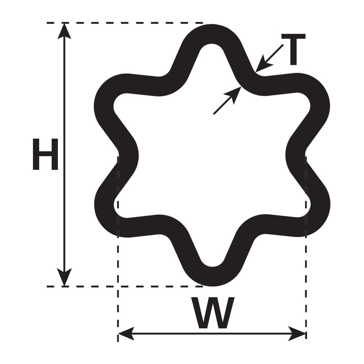Diagram of a star-profiled PTO tube with wavy edges, labeled "T," "H," and "W" indicating thickness, height, and width measurements, respectively. The diagram's precision makes it ideal for understanding the dimensions of the Sparex PTO Tube - Star Profile (S5), Length: 1M - S.24821.