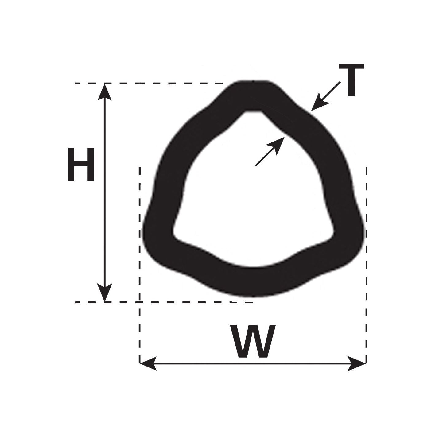 A diagram showing a cross-sectional view of the PTO Tube - Triangle Profile by Sparex (S.24839) with labeled dimensions for height (H), width (W), and thickness (T), as well as the Tube Outer measurement, and a length of 1 meter.