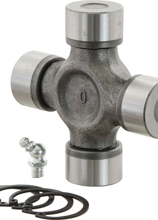 A Sparex Universal Joint - 35 x 106.5mm (Standard Duty), Sparex Part No.S.2496, featuring four bearing caps, a grease fitting, and a set of retaining clips on a white background.