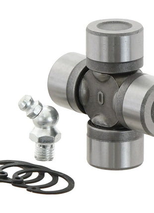 The Sparex Universal Joint - 22 x 54mm (Standard Duty) (Sparex Part No. S.2498) from the brand Sparex, features four bearing caps, a grease fitting, and clips on a white background.