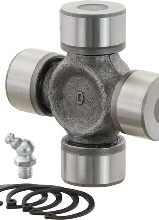 A Sparex Universal Joint - 35 x 94mm (Standard Duty) with four caps, a zerk fitting, and four retaining clips is arranged on a white background.