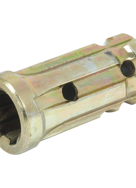 A metallic, hexagonal socket tool with a cylindrical shape featuring multiple holes along its body, likely used for tightening or loosening bolts or nuts; similar to the Sparex PTO Sleeve Increaser - Female spline 1 1/8'' - 6 x Male spline 1 3/8'' - 6 with - S.253 in build and functionality.