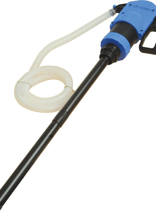 Image of a Sparex Lever Action Plastic Pump (Part No. S.25457) in blue and black with an attached white tube, commonly used for transferring liquids. The design includes an adaptor and is typically found in Sparex equipment.