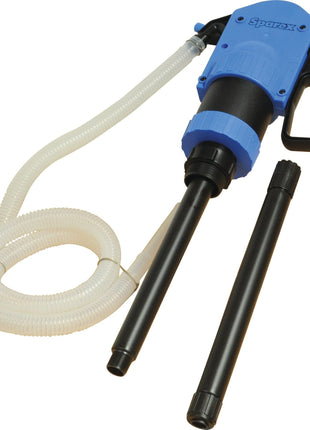 The Lever Action Plastic Pump (Sparex Part No.S.25457) by Sparex is a blue, hand-operated device featuring a flexible hose and two black extension tubes, perfect for transferring liquids. It is compatible with various adaptors and comes with the quality assurance of Sparex.