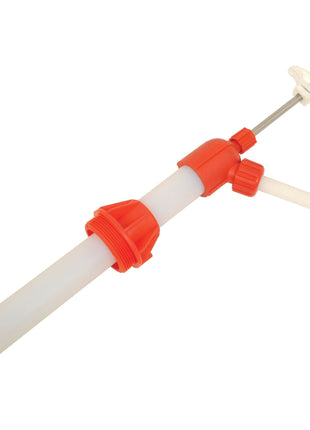 The Nylon Self Priming Chemical Lift Pump - S.25458 by Sparex is a manual liquid transfer pump featuring a white, orange, and red plastic body with a curved spout and a white handle, ideal for dispensing from 205-litre drums.