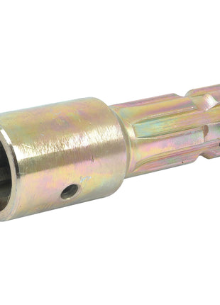 A metallic cylindrical adapter, known as the PTO Adaptor - Female spline 1 3/8'' - 6 x Male spline 1 3/8'' - 6 with | Sparex Part No. S.255, features a hollow hexagonal end and a ridged, multi-faceted other end.