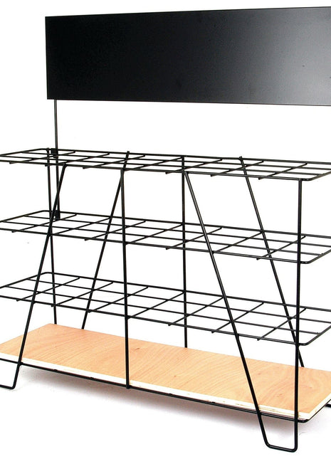 The DISPLAY STAND-PTO TUBING (Sparex Part No.S.25801) from Sparex is a black metal wire rack featuring three shelves, an angled top shelf support, and a wooden base, making it an elegant display stand. Topped with a solid black sign, it's ideal for showcasing Sparex products with style.