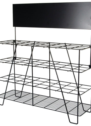 A black DISPLAY STAND-PTO TUBING by Sparex with three tiers and a rectangular sign holder on top (Sparex Part No. S.25801).