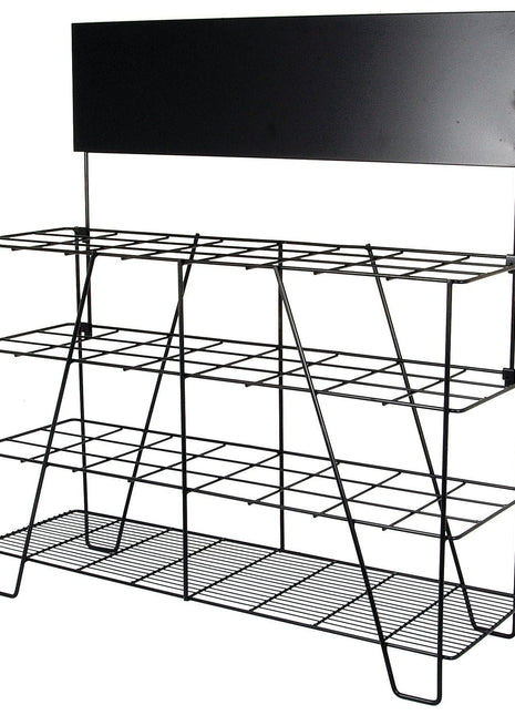 A black DISPLAY STAND-PTO TUBING by Sparex with three tiers and a rectangular sign holder on top (Sparex Part No. S.25801).